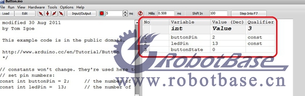 图8 Simulator for Arduino中实时显示变量值变化